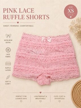 SHEIN Pink Lace Ruffle Lounge Shorts with Satin Bow | Coquette | Size XS